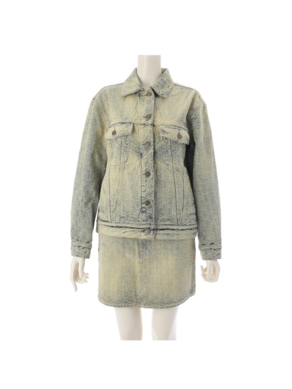 Gucci Jacquard Denim GG Pattern Jacket Skirt Set Beige 38